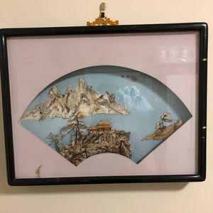 Vintage Asian Mixed Media cork MOP Shadow Box Art